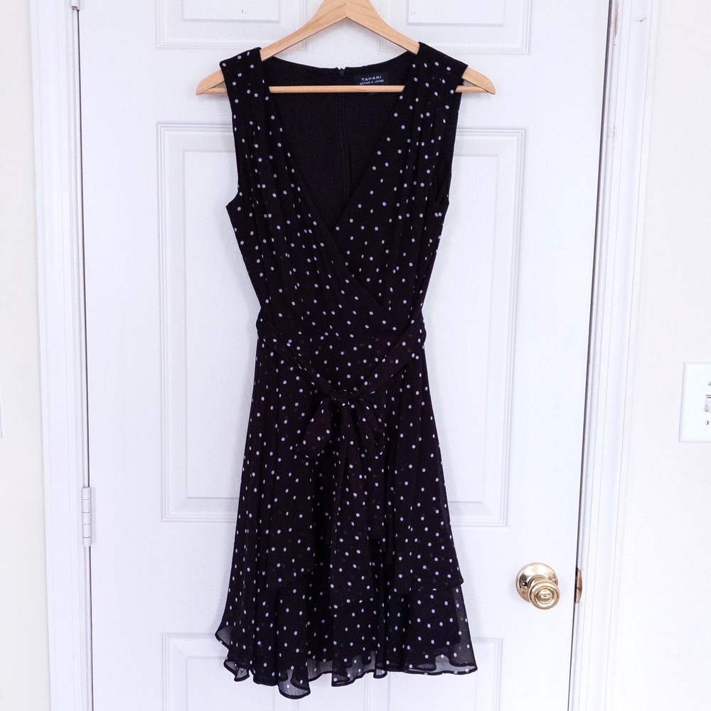 Tahari Dress Women 4 Black Polka Dot Chiffon Faux Wrap Ruffle Sleeveless V-Neck - Picture 1 of 9